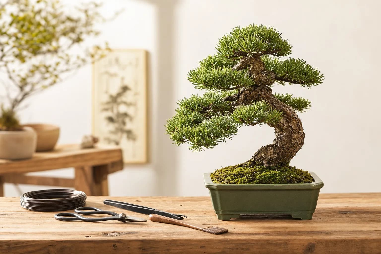 Pin bonsaï sur un établi en bois avec outils de taille et fil, lumière naturelle douce