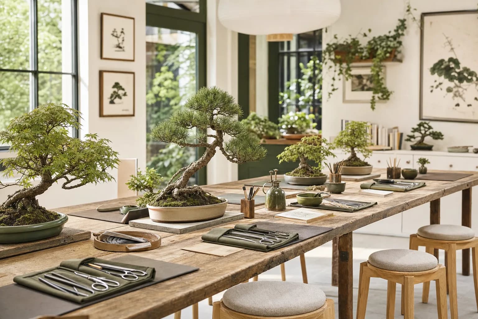 Atelier bonsaï en groupe : grande table avec plusieurs bonsaïs et postes de travail