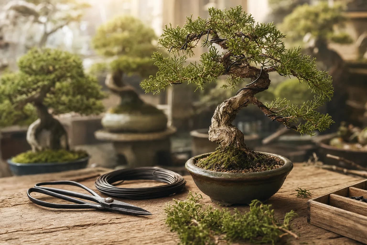 Genévrier bonsaï en cours de travail, entouré d'arbres et d'outils dans un atelier
